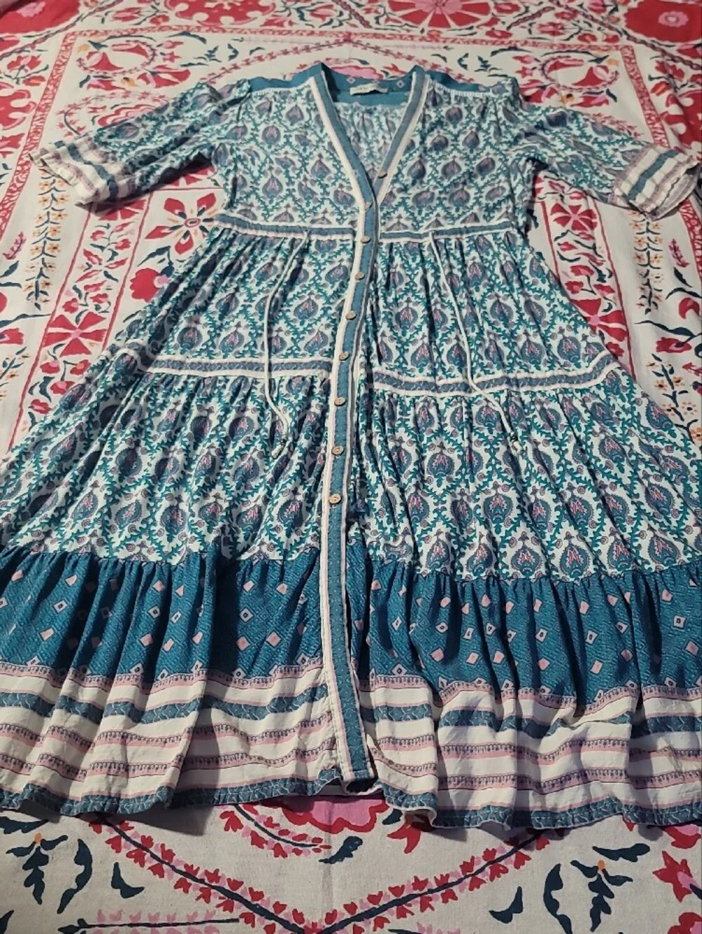 Free People Boho Chic Button-Front Midi Dress in Teal Pink and White